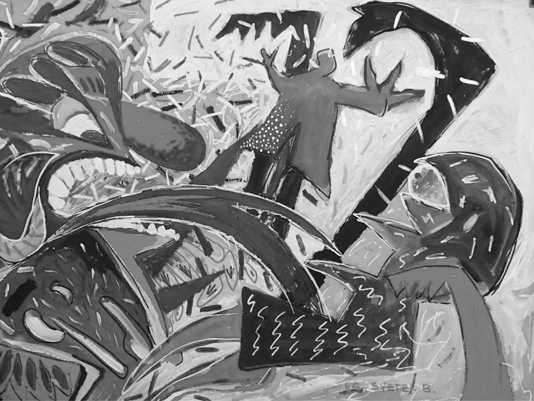 Črno-bela abstraktna slika s pošastnimi podobami